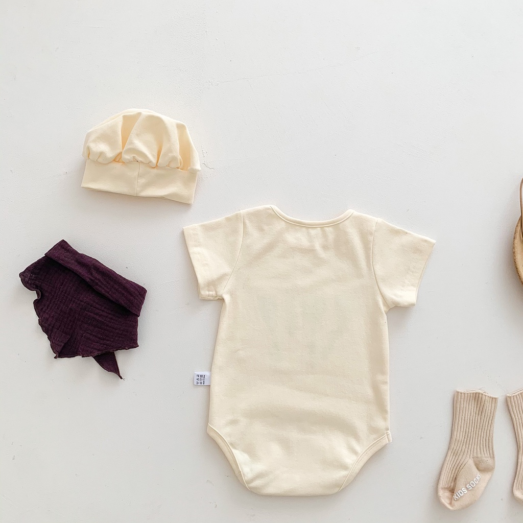 Bộ Áo Liền Quần Tay Ngắn In Họa Tiết Dễ Thương Kèm Khăn Choàng Và Mũ Đầu Bếp Thời Trang Mùa Hè Cho Bé Sơ Sinh