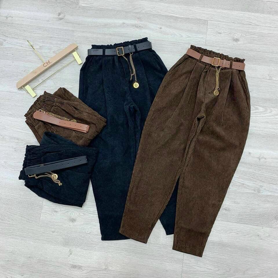 Quần baggy nhung tăm lưng thun kèm đai