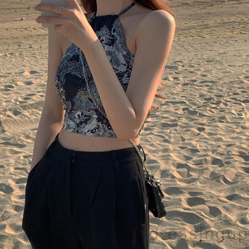 DRE-Women´s Summer Sleeveless Vest, Pattern Printed Hanging Neck Tank Tops