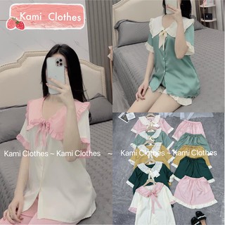 Video/ảnh thật - Bộ lụa ngủ nữ cổ bèo cộc tay chất lụa satin mát lịm bao đẹp, bao mát, Bộ Pijama - Kami Clothes