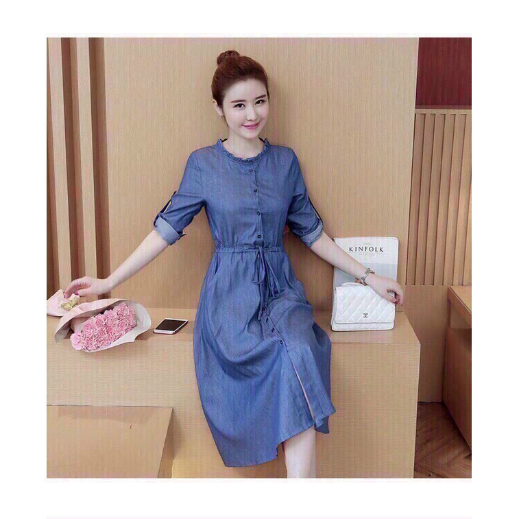 Váy Công Sở | Đầm Jean Xoè Cổ Bèo Tròn Xinh Xinh | BigBuy360 - bigbuy360.vn