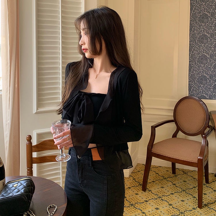 Jiashucheng Áo Hai Dây Thắt Nơ + Áo Khoác Cardigan Chống Nắng Ngọt Ngào Dễ Phối Đồ Phong Cách Nhật Bản