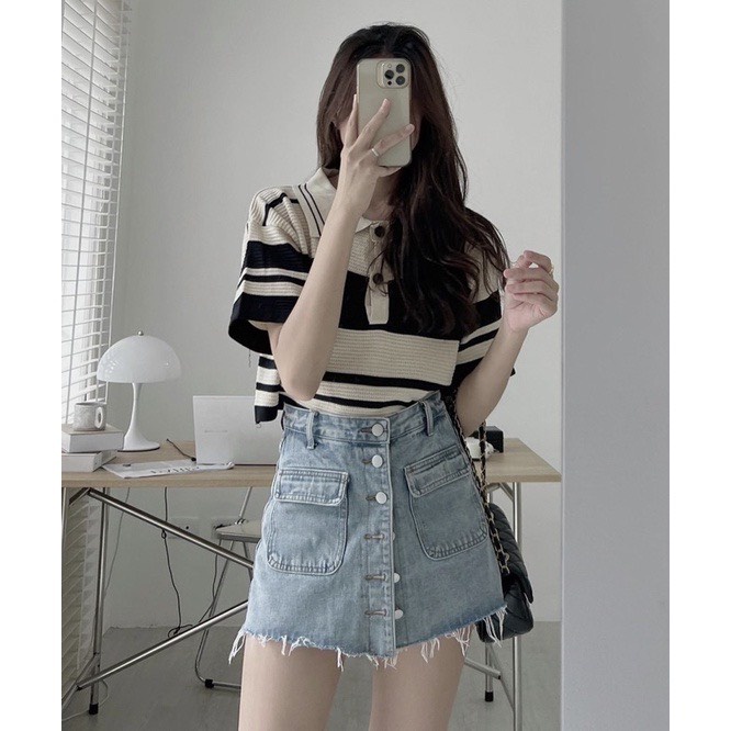 [SẴN/VIDEO] ÁO LEN KẺ SỌC CỔ ĐỨC CỘC TAY HÌNH BÒ SỮA HÀNG QUẢNG CHÂU LOẠI 1