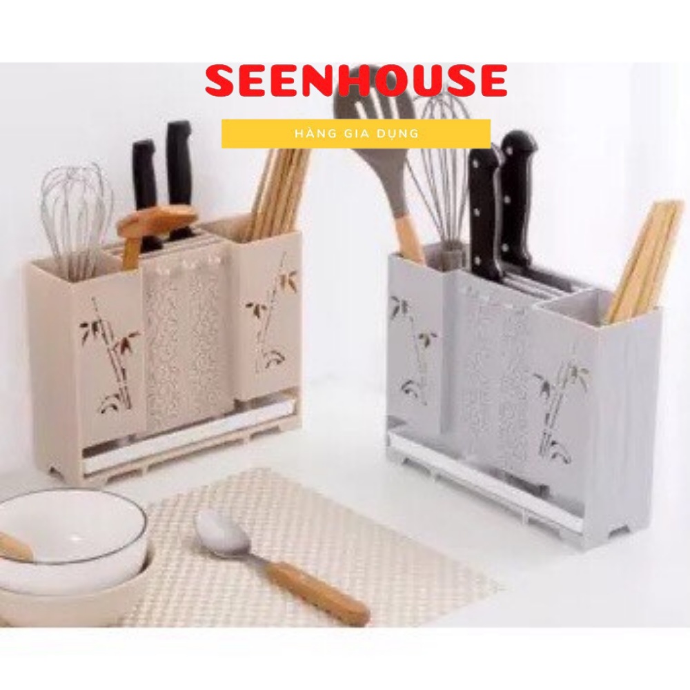Ống giá đựng cắm đũa, muỗng, dao, kéo - Khay kệ để đồ nhà bếp dán treo tường đa năng cao cấp hình trúc sang trọng