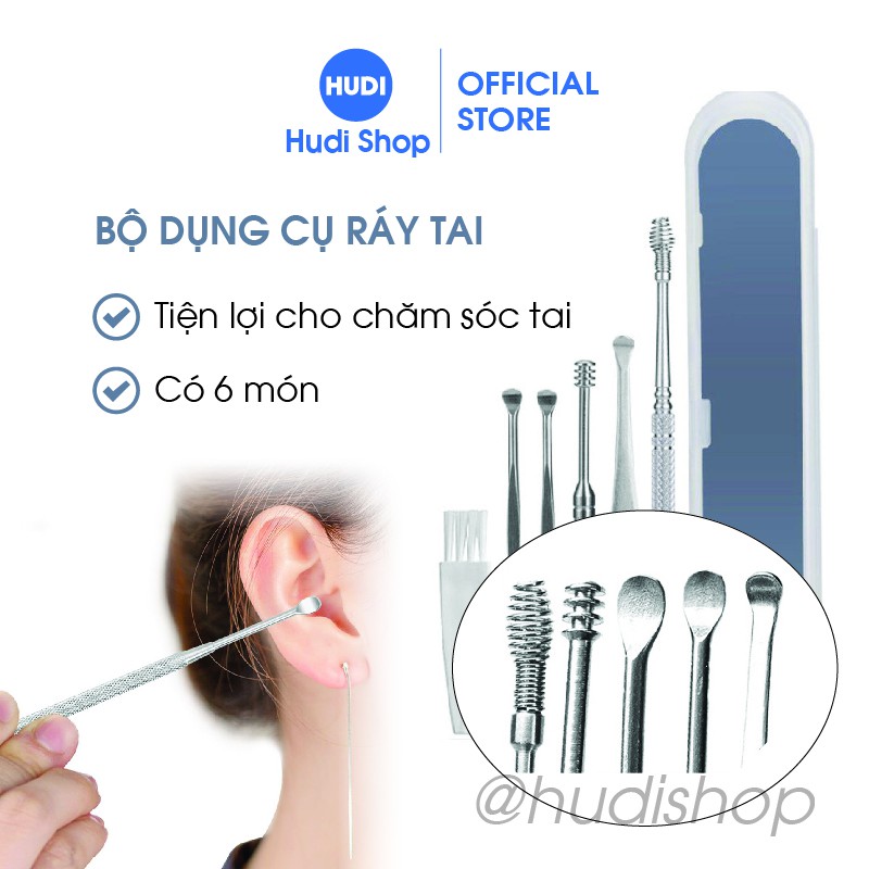 Bộ lấy ráy tai sáu món tiện lợi Lấy ráy rai thép không gỉ Bộ chăm sóc tai chuyên nghiệp Hudishop GD444