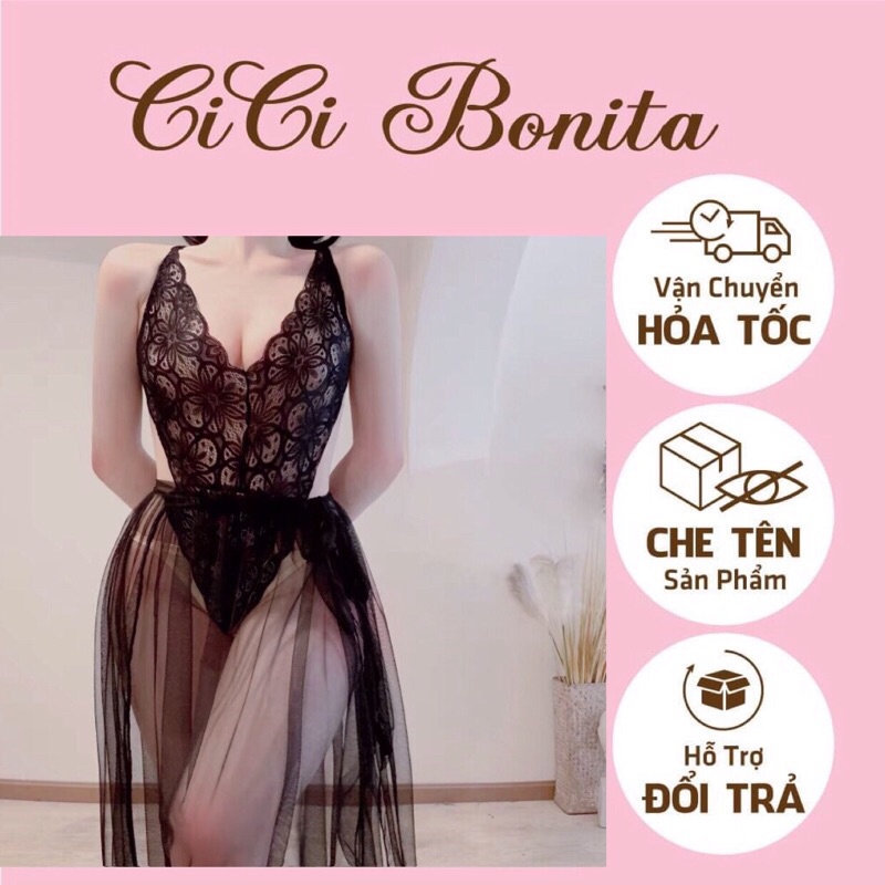 Set 2 sản phẩm đồ liền thân/ bodysuits xẻ ngực kèm váy choàng ren xuyên thấu nóng bỏng CB42 CICI BONITA HCM