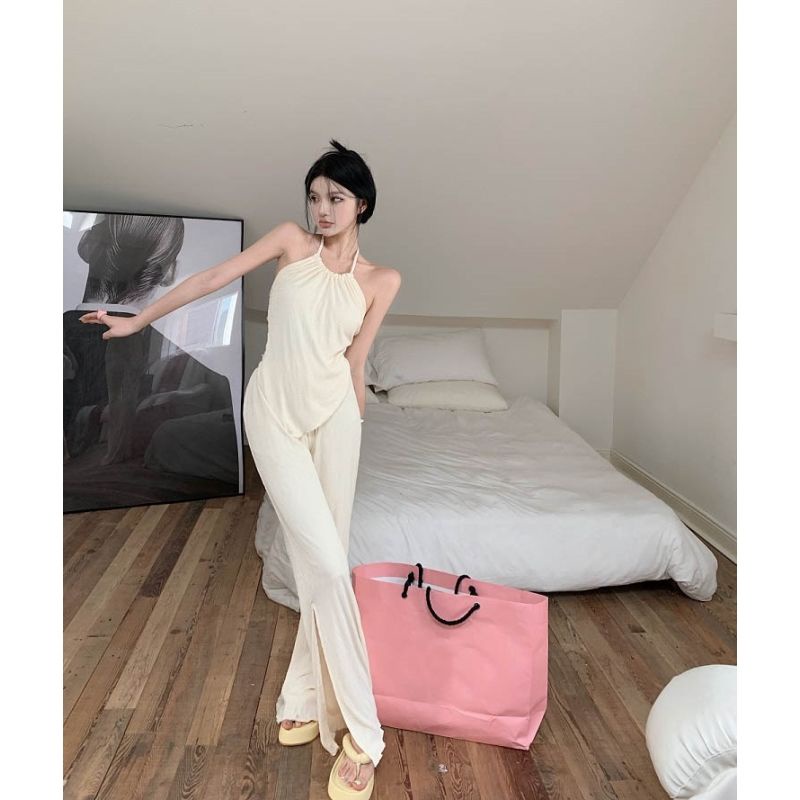 UIOWOO  Set Áo Hai Dây Phối Quần Dài Kiểu Retro Thời Trang Cho Bạn Gái