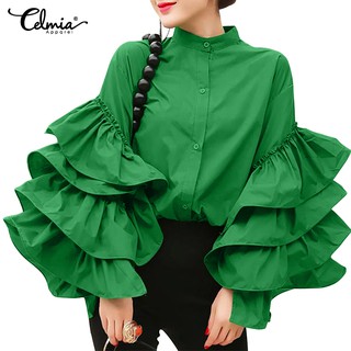 Áo Kiểu Tay Dài Loe Cổ Đứng Phối Nút Thiết Kế Thanh Lịch Cho Nữ