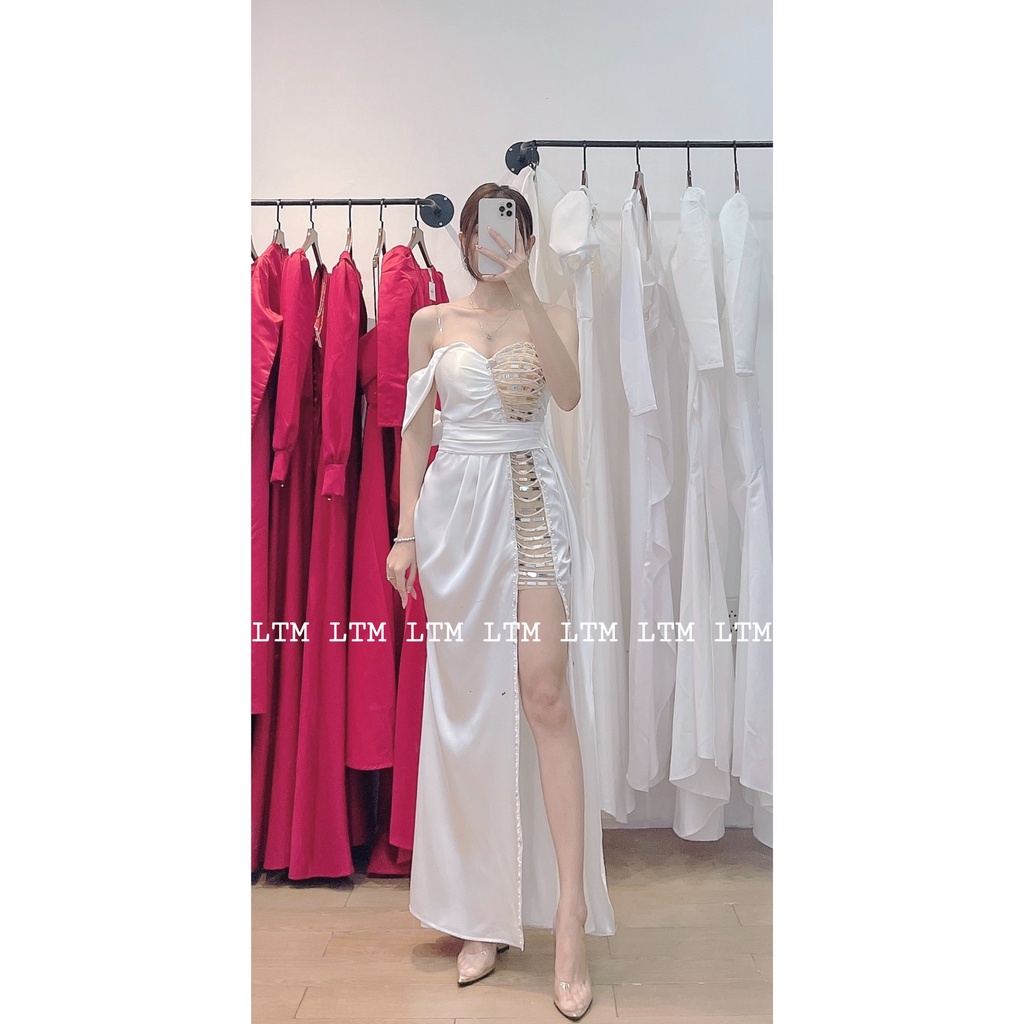 Váy body xẻ phi lụa lệch vai cúp ngực kết ngọc- Đầm thiết kế dự tiệc, váy xinh chụp ảnh.