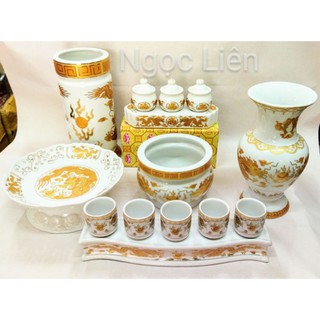 Set Bộ đồ thờ cúng thần tài trắng rồng dành cho bàn thờ 5 tấc