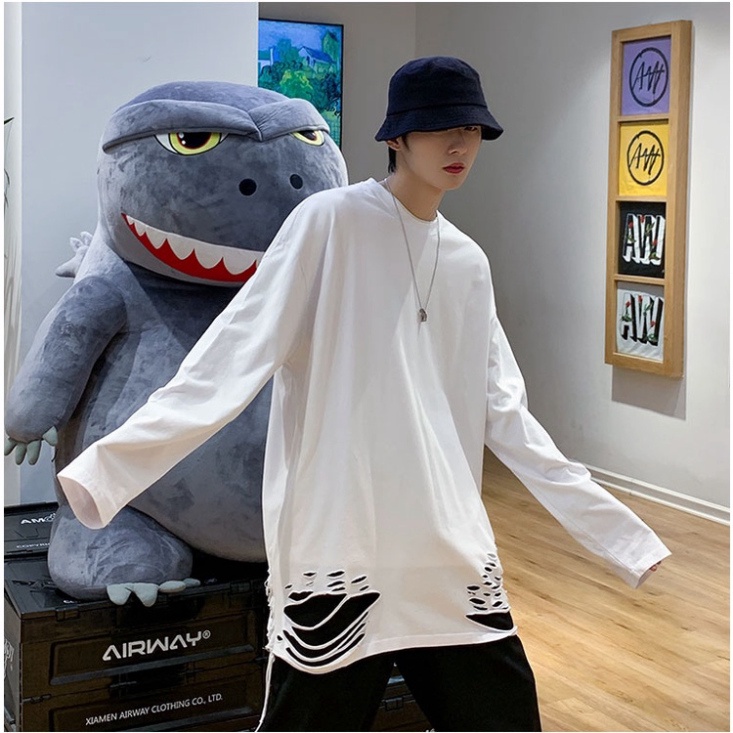 Áo thun dài tay 95% cotton rách gấu tạo layer màu basic hip hop unisex nam nữ