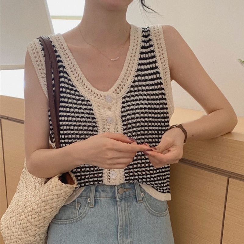 Áo Len Không Tay Màu Sắc Tương Phản Phong Cách Hàn Quốc 185296 Áo Không Tay Cổ Điển Houndstooth