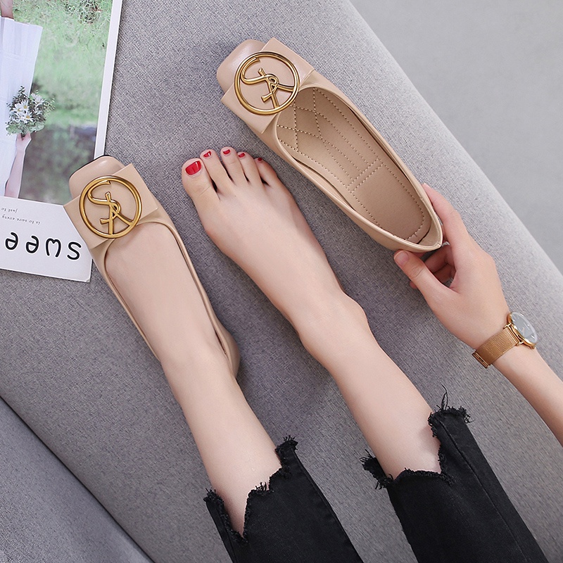 Giày Búp Bê Mũi Vuông In Chữ Viền Đen Phong Cách Cổ Điển Thời Trang Cho Nữ