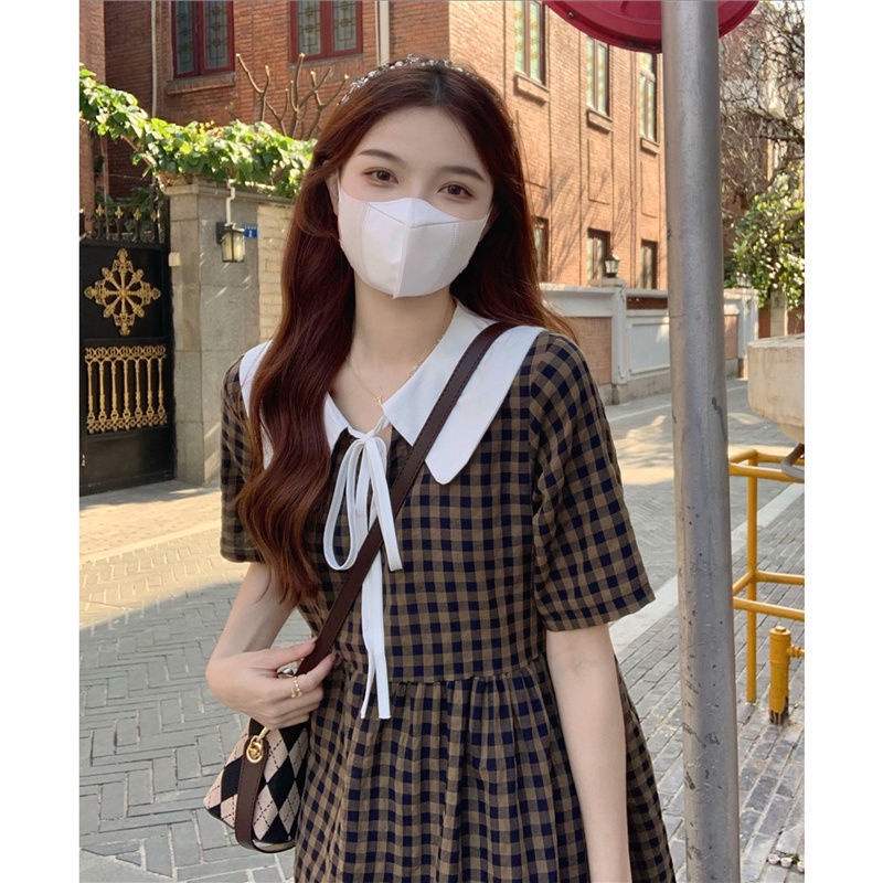 Đầm Chữ A Cổ Búp Bê Kẻ Sọc Ca Rô Thời Trang Mùa Hè Mới Cho Nữ