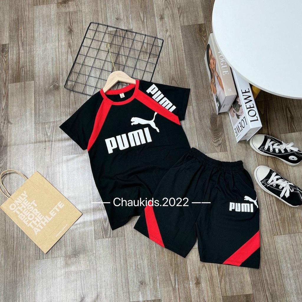 Bộ thể thao mùa hè bé trai, Bộ quần áo cộc tay Pu.ma chất cotton tàu phối màu khỏe khoắn cho bé 8-30kg