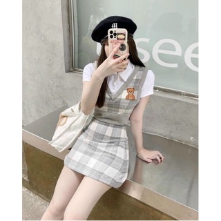 Set áo gile gấu teddy phối chân váy dễ thương