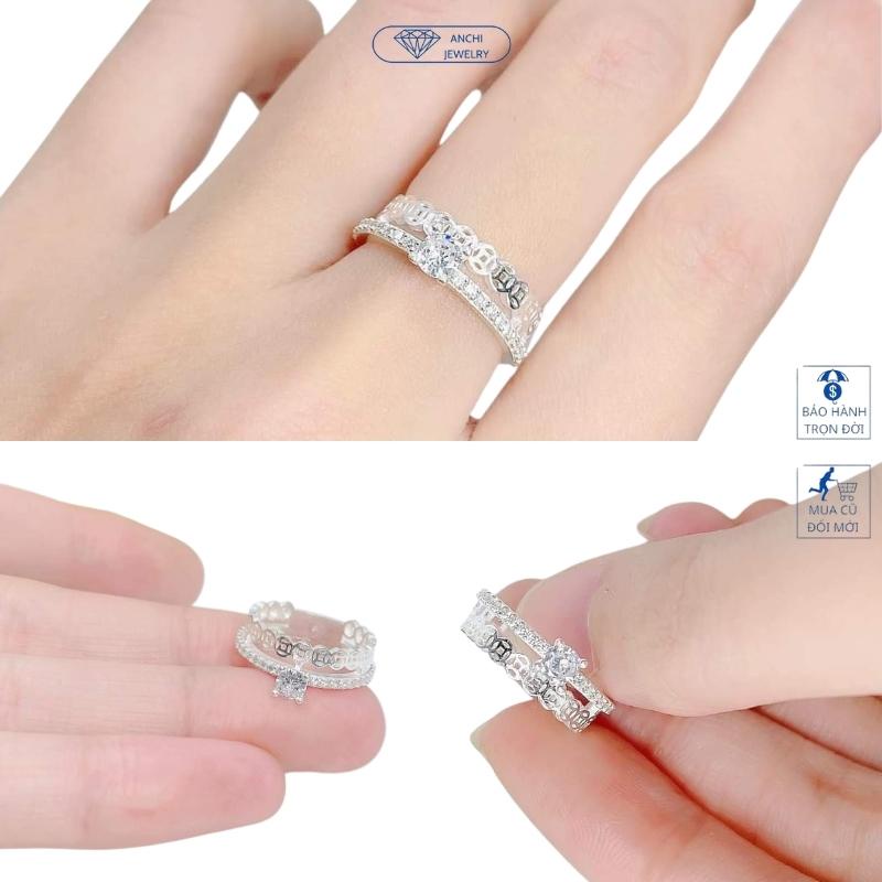 Nhẫn kim tiền 2 vòng đính đá, chuẩn bạc ta nguyên chất cho nữ, Anchi jewelry