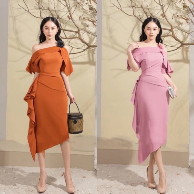 Đầm váy ôm trễ vai lệch tà 2388 (kèm hình thật - freesize)