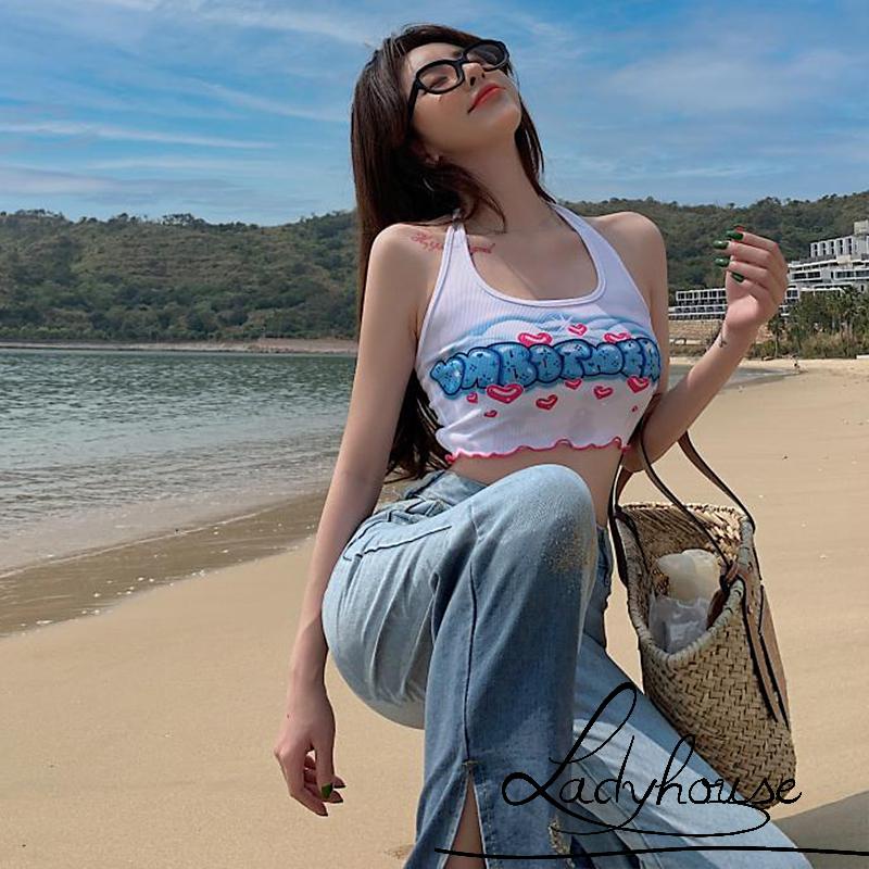 Áo hai dây Không Tay Hở Lưng In Họa Tiết Trái Tim Thời Trang Mùa Hè Cho Nữ