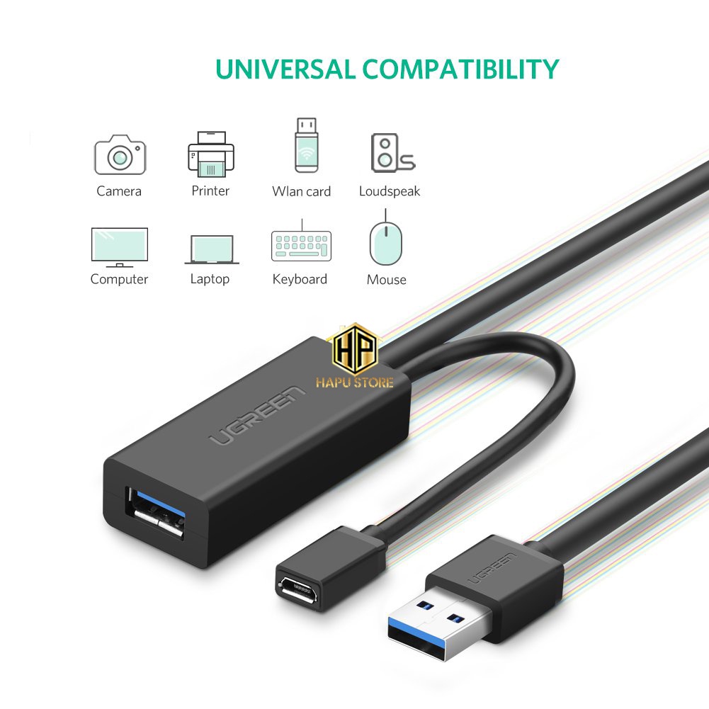 Cáp nối dài USB 10m Ugreen 20827 chuẩn USB 3.0 hỗ trợ nguồn phụ cao cấp - Hapustore