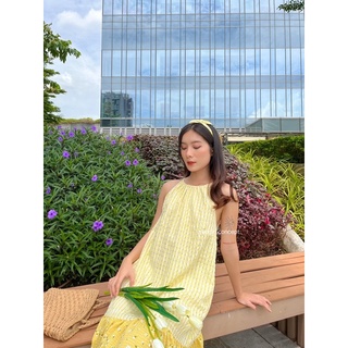 Đầm camie - đầm nữ yếm đuôi cá màu vàng hoa đi biển, maxi