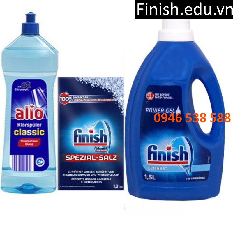 Combo Nước rửa bát Finish 1.3L + muối rửa bát finish 1.2kg + Nước làm bóng bát Finish 800ml cho máy rửa bát