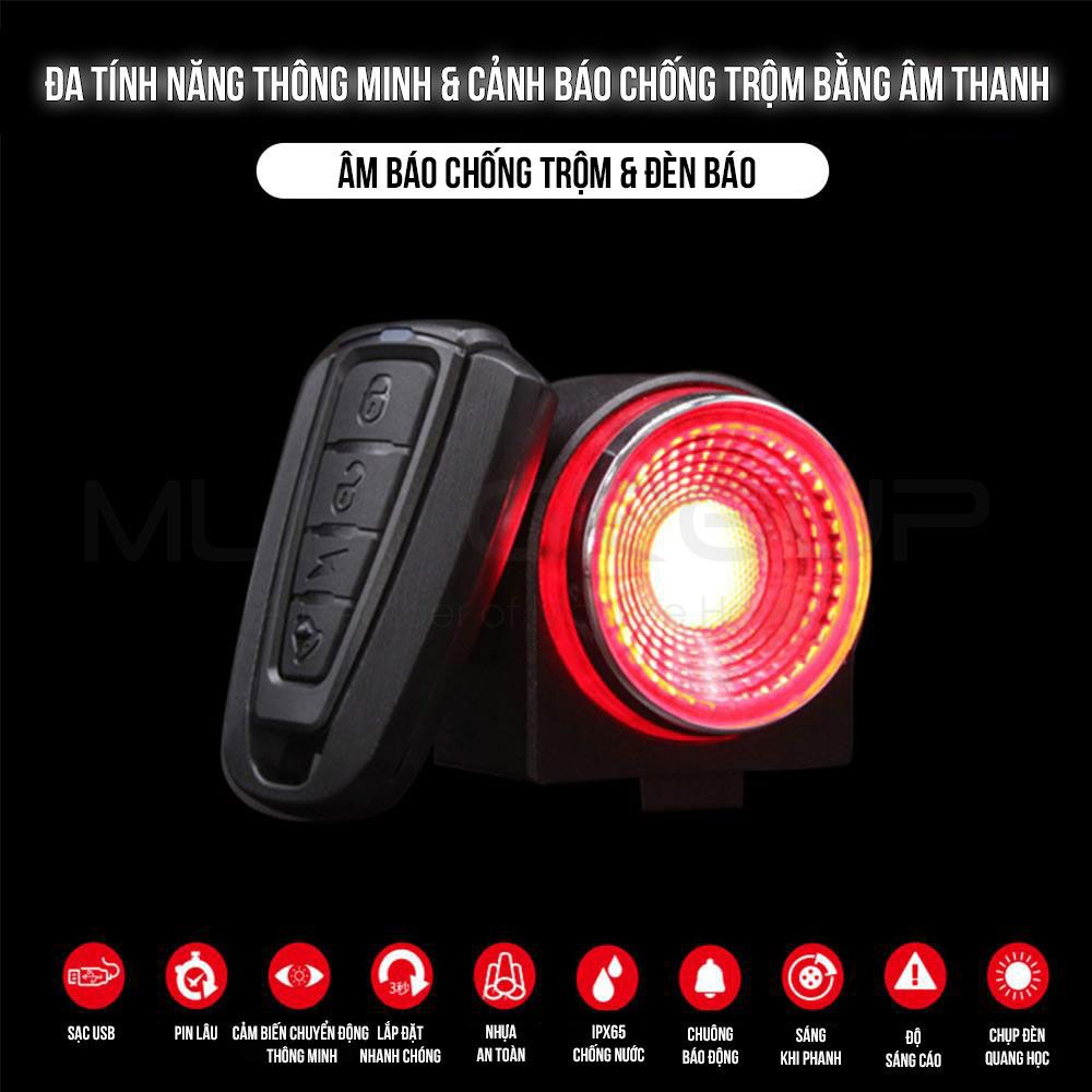 Đèn Hậu Xe Đạp Có Báo Động Chống Trộm Cảm Biến Thông Minh Điều Khiển Không Dây Từ Xa Cao Cấp Sạc Điện Usb Chống Nước MLH