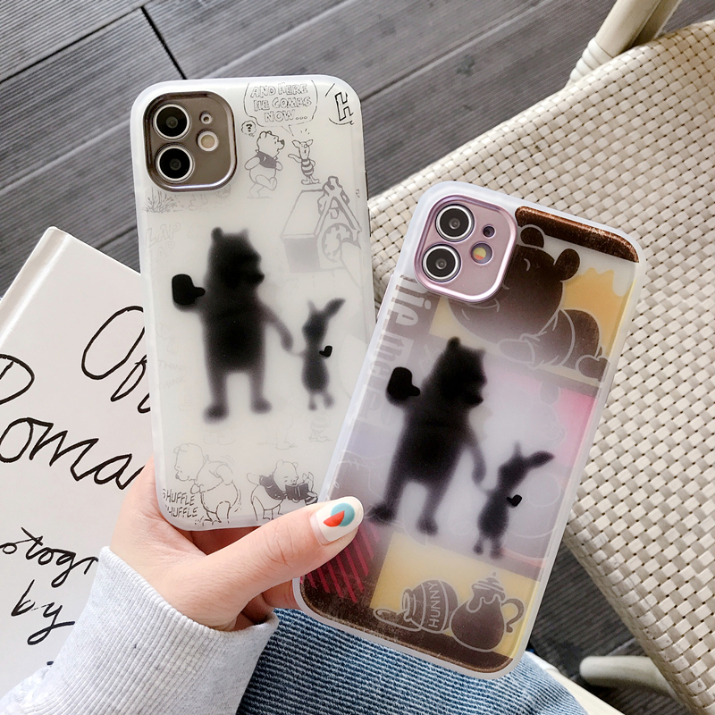 Cute Pooh Bear's Back View Metal Plating Square IPhone Case Iphone 11 Pro 11Pro MAX 8 7 Plus X XS Max XR 12 Artistic Graceful Bird Anti-Drop Casing Matte Soft Silicone Cover