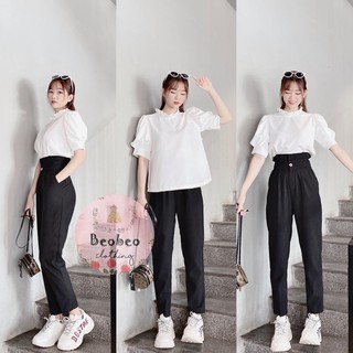 [Ảnh thật] Set áo sơ mi cổ bèo kèm quần tây đen lưng cao ulzzang