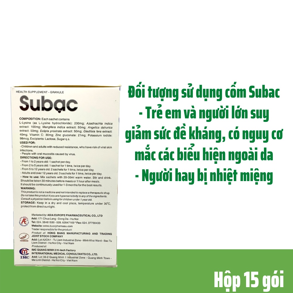 Cốm Su bạc - tăng cường sức đề kháng cho trẻ - Subac tăng miễn dịch cho bé từ lysine, cao lá xoài, vitamin C