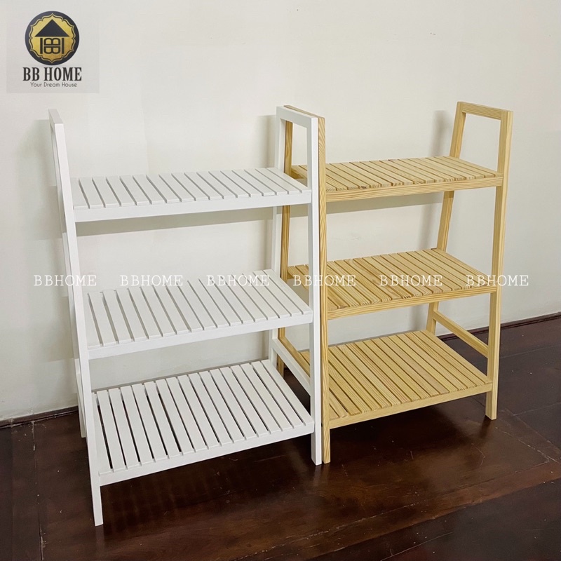 Kệ gỗ sơn trắng 3 tầng trang trí kiểu nan BBHome