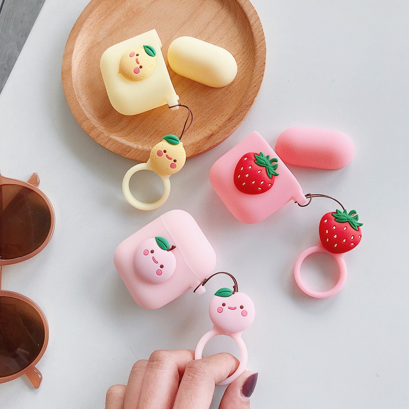 Cute Cartoon Fruit  Apple Airpods 1/2 Silicone Case Avocado Strawberry Lemon Peach Headphone Cases With Ring Lanyard