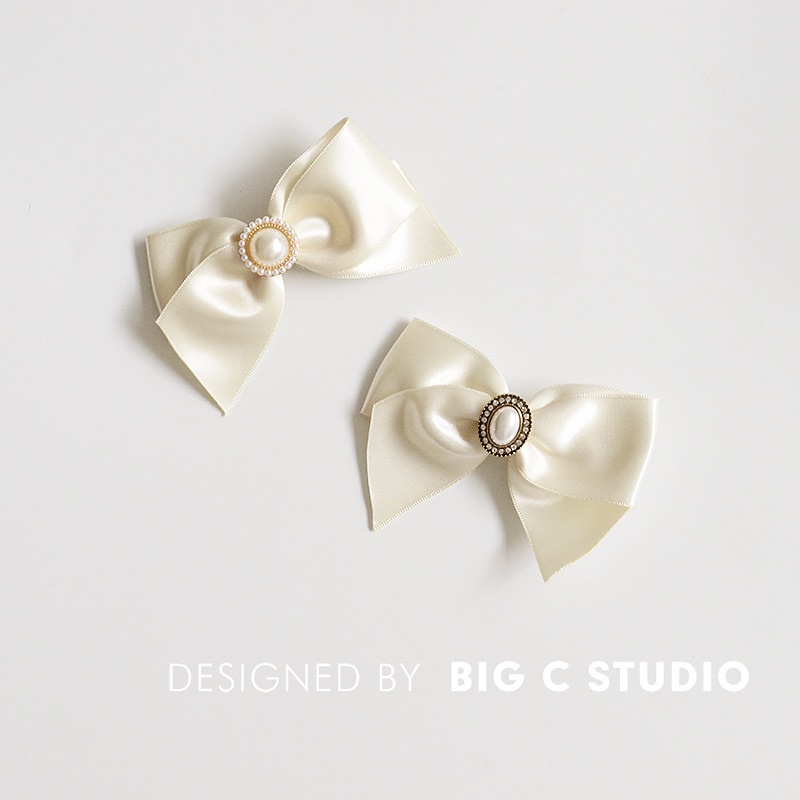 Kẹp tóc nơ nhỏ màu trắng kem đính đá thanh lịch N45