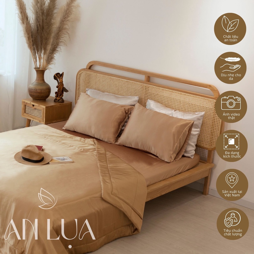 Bộ chăn drap 5 món An Lụa vải lụa mịn mát và thân thiện cho da - Vàng đồng