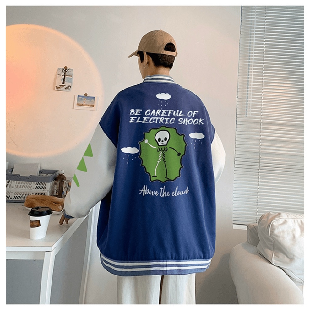 Áo Khoác Nỉ Nam Form Rộng In Chữ R Phối Tia Sét Tay Chất Nỉ Pe Loại 1 Kiểu Dáng Bomber Phong Cách Bóng Chày Mặc Thoáng M