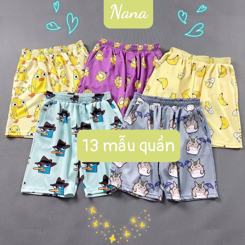 Quần short lửng cartoon ống rộng unisex họa tiết hoạt hình dễ thương