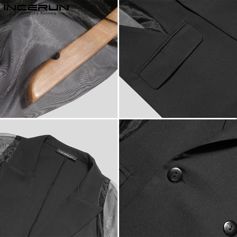 Áo sơ mi lưới INCERUN xuyên thấu dài tay phối màu với nút cài cho nam