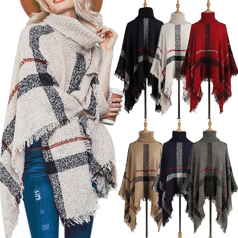 Áo Choàng Len Poncho Tua Rua Có Nón Trùm Đầu Cổ Lọ Dành Cho Nữ