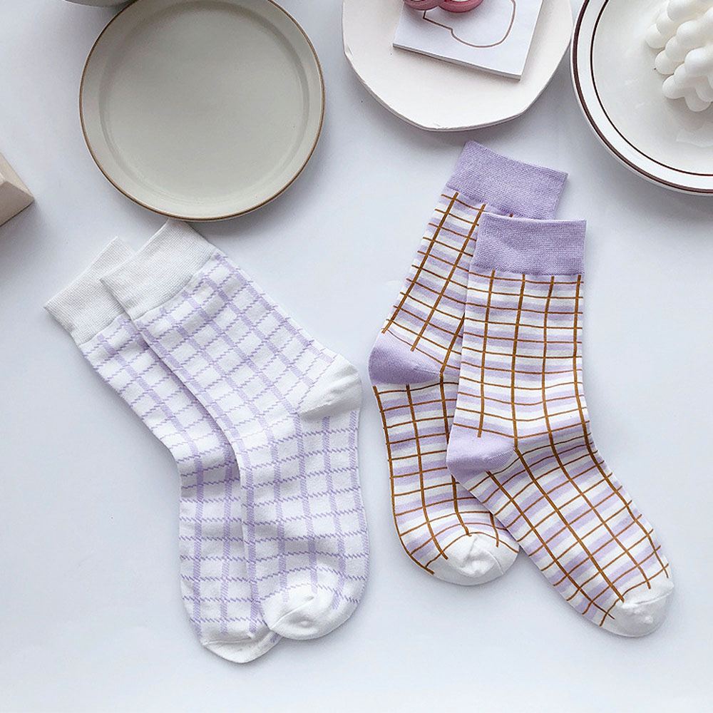 Vớ cotton cổ cao họa tiết ca rô / kẻ sọc phong cách vintage đơn giản dành cho nữ