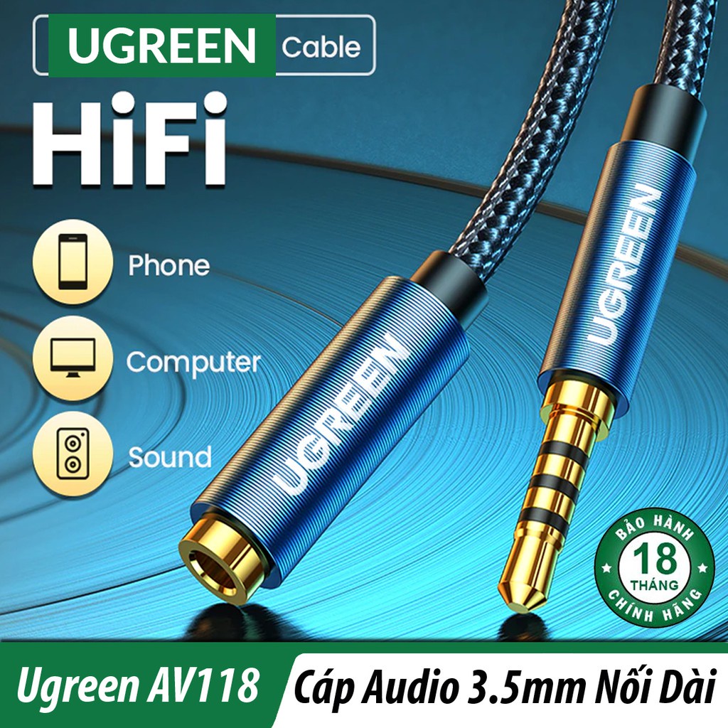 Cáp Audio 3.5mm 3 nấc nối dài 2M Cao Cấp Ugreen 40675 Chính hãng AV118 màu đen, dây bọc dù