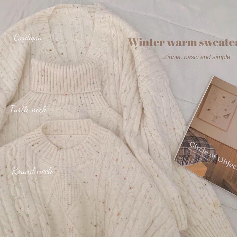 Áo len muối tiêu vintage bộ ba món len thừng cổ lọ cổ tròn cardigan