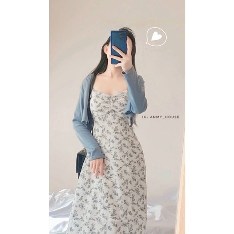 (Best Seller) Set đầm midi 2 dây hoa nhí + Khoác cardigan lửng xanh
