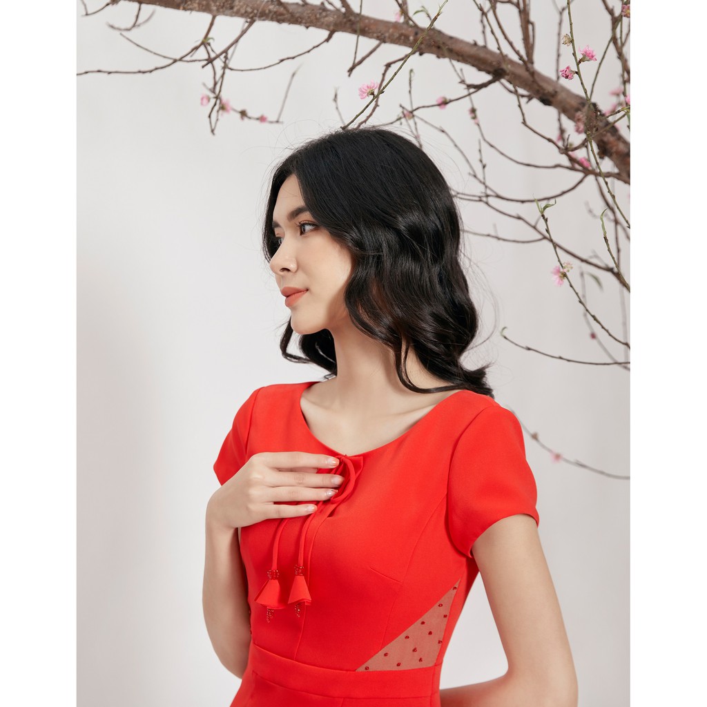 Đầm dáng ôm, cổ tròn, tay cộc Emspo DS3623 (Vàng, Đỏ)