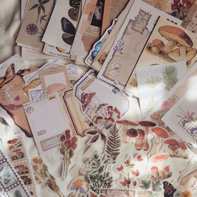 Set 100 món decor vintage gồm sticker và giấy nền dùng trang trí sổ bullet journal - ginandtonic