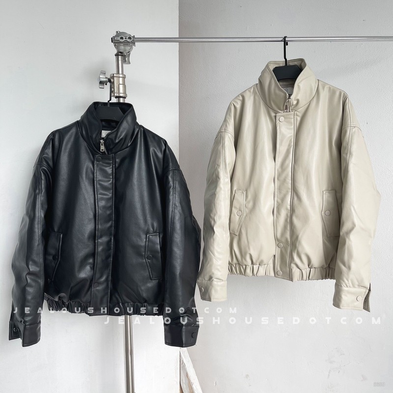 Áo jacket da bo gấu zip có đáp da mac H 5650