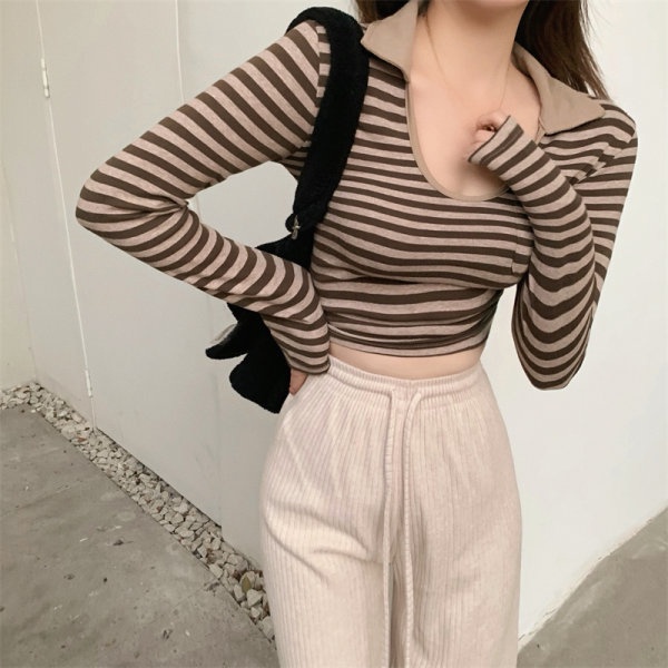 QKOOLE  Áo thun ôm dáng tay dài họa tiết kẻ sọc phong cách Hàn Quốc thời trang dành cho nữ