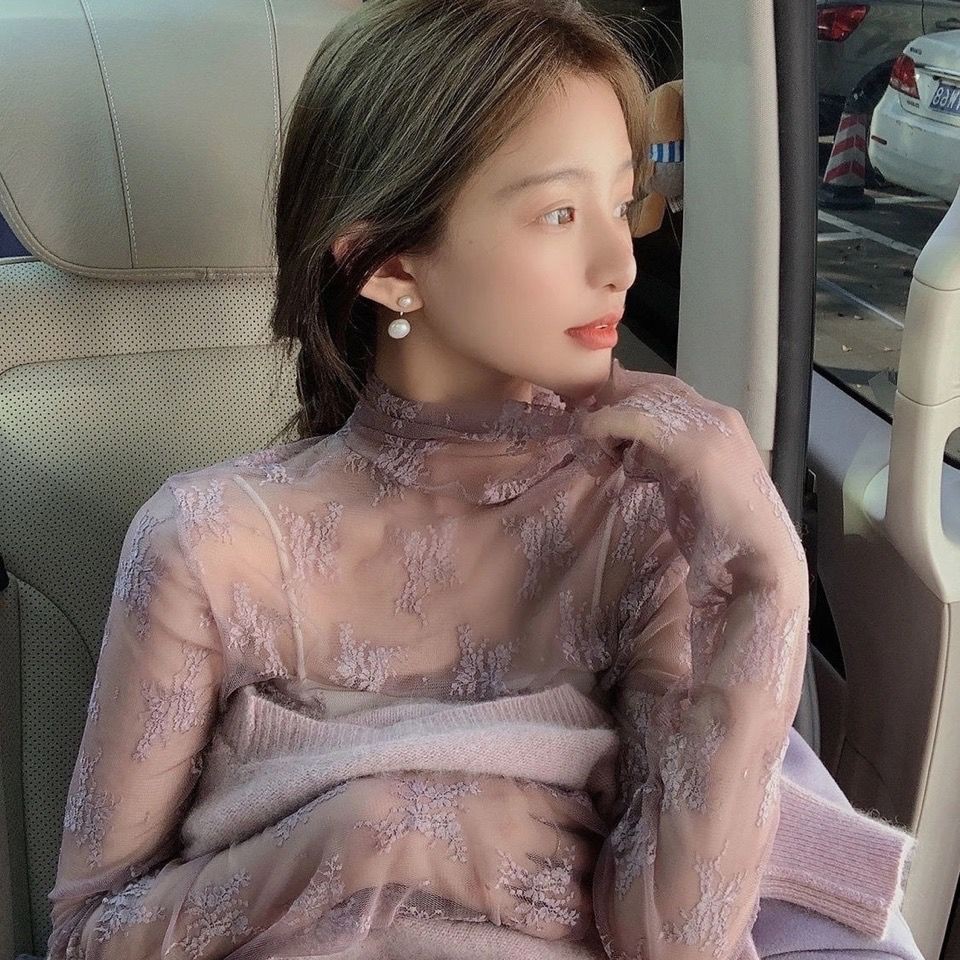 Áo Kiểu Tay Dài Cổ Cao Phối Ren Lưới Thời Trang Xuân Hè Cho Nữ