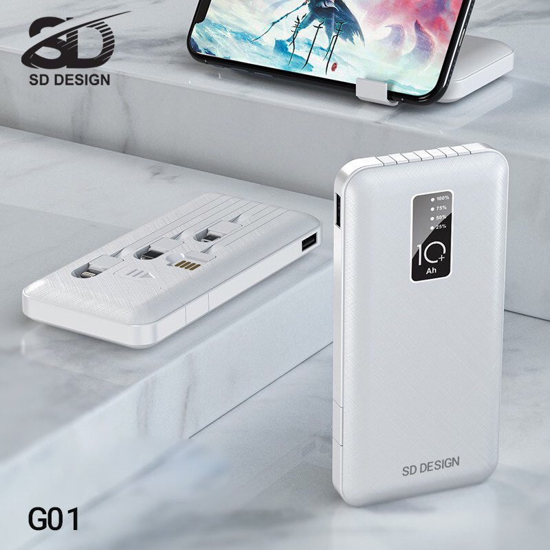 Pin Sạc Dự Phòng Hàng 10.000 mah Chính Hãng SD Design G01 sạt nhanh 2.1A Tích Hợp 4 Cáp xạc đèn led, BH 12 tháng