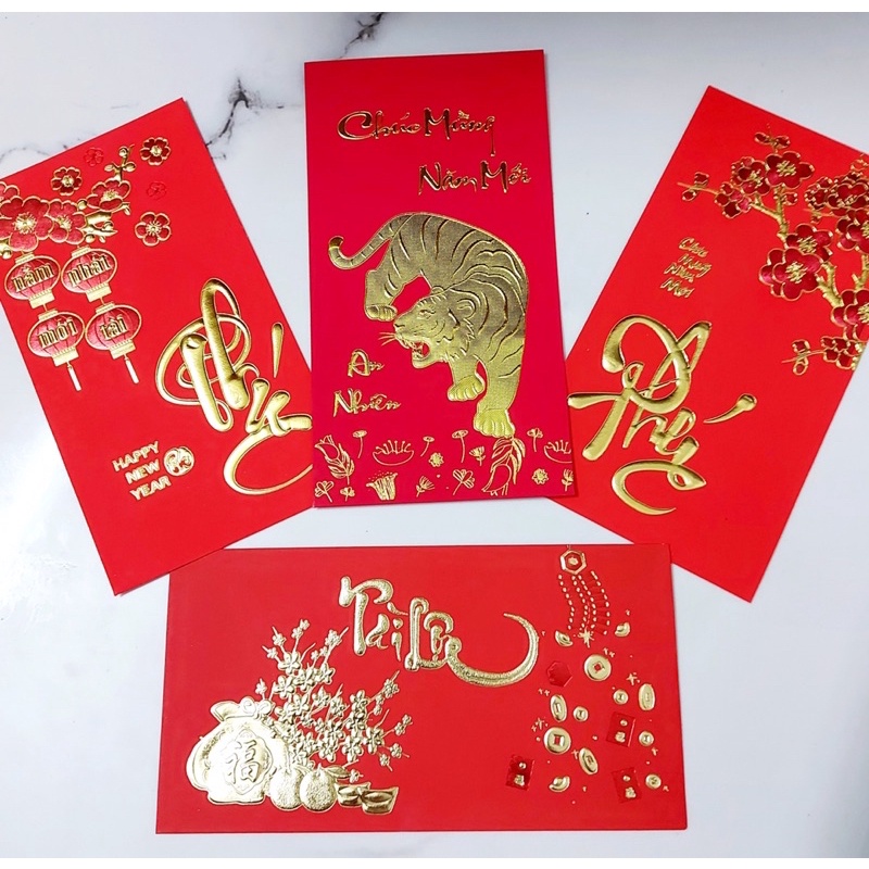 Combo 6 bao lì xì nhung in nhũ dập 3D & hình lân