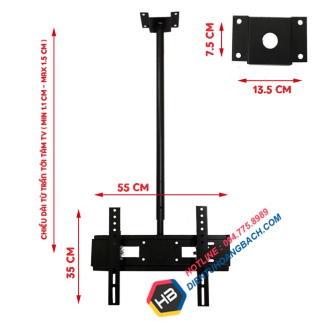 Giá treo tivi thả trần 32 - 43 inch - Độ dài tối đa 1M5 - Tâm lỗ tối đa 30 x 30 cm